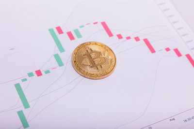 High angle view of coins on paper