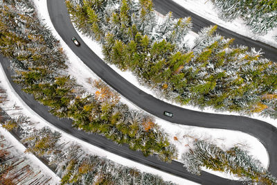 Aerial view of cars on winding road in winter forest