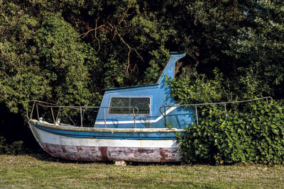 Abandoned boat against trees