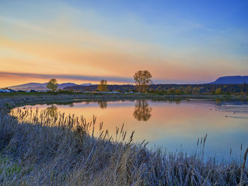 Scenic view of lake against sky during sunset