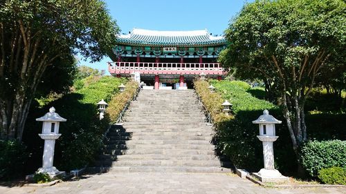 Entrance of temple against building