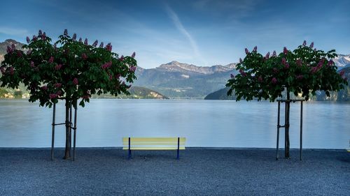 Scenic view of lake by mountains against sky