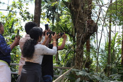 Rear view of woman photographing through camera in forest