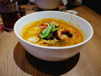 Close-up of soup served in bowl