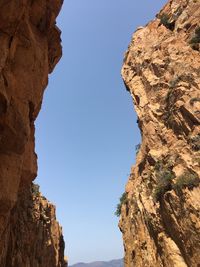 Low angle view of rocky mountain against sky