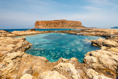 Scenic view of rocks in sea against sky