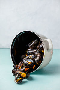 High angle view of shells in bowl