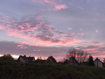 Houses and trees on field against sky during sunset