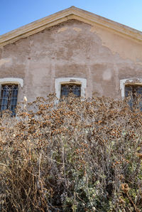 Low angle view of old house on field against sky