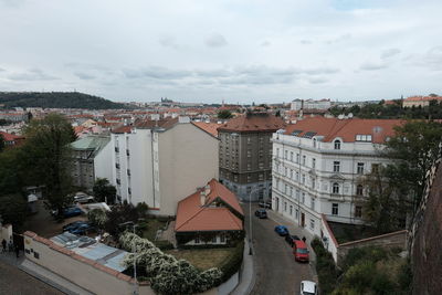 High angle view of buildings in city against sky