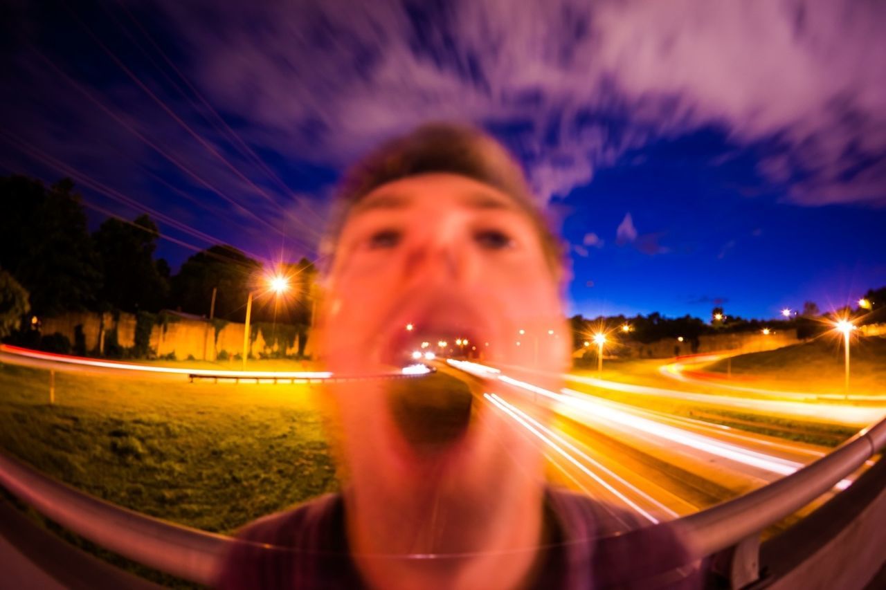 illuminated, night, long exposure, transportation, light trail, motion, speed, blurred motion, sky, car, mode of transport, land vehicle, outdoors, street, multi colored, travel, lighting equipment, road, reflection, transparent