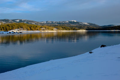 Scenic view of lake by snowcapped mountains against sky