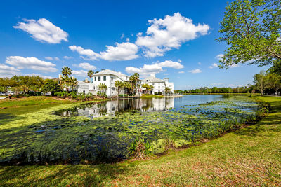 Scenic view of lake by building against sky