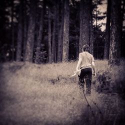 Full length of woman standing on tree trunk in forest