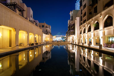 Reflection of illuminated buildings in lake at night