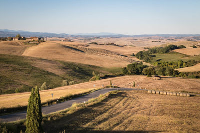 High angle view of land against clear sky