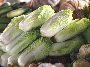Close-up of chinese cabbages and vegetables for sale at market