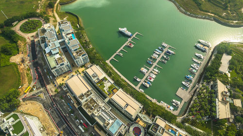 High angle view of street amidst buildings in city