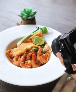 High angle view of food in plate on table