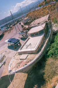 High angle view of ship moored at harbor