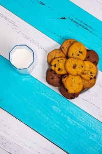 High angle view of cookies in plate on table