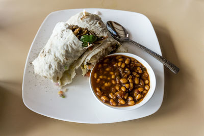 High angle view of breakfast on table