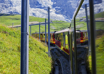 Train on railroad track amidst field