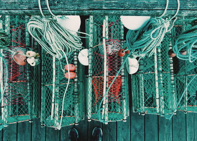 Directly above shot of lobster traps on boat deck