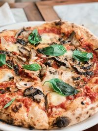 Close-up of pizza with truffles, mushroom, and herbs