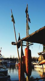 Boat moored on river against clear sky