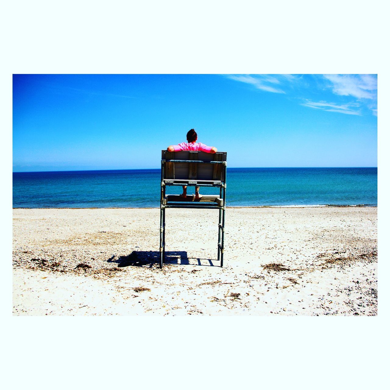 horizon over water, sea, water, transfer print, sky, beach, tranquil scene, tranquility, dog, scenics, auto post production filter, shore, pets, beauty in nature, nature, one animal, sitting, blue, rear view