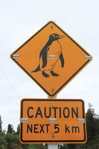 Low angle view of road sign against sky