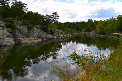 Scenic view of lake by trees against sky