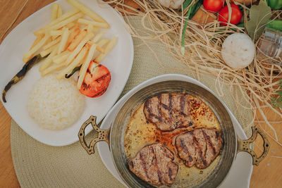 High angle view of meal served on table