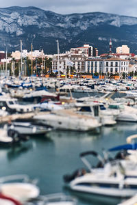 Sailboats moored at harbor in city