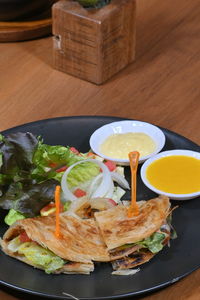 High angle view of food served on table