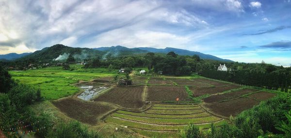 High angle view of agricultural field against sky