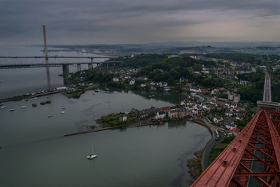 High angle view of suspension bridge over river