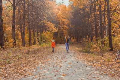 Rear view of people walking on footpath during autumn