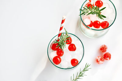 High angle view of christmas decorations on white background