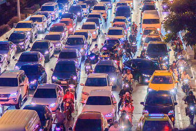 High angle view of traffic on street at night