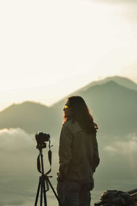 Portrait of photographer on the mountain.batur global geopark, bali