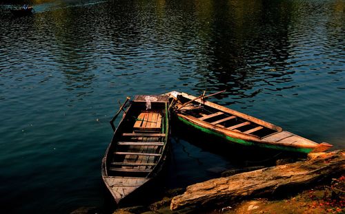 High angle view of abandoned boat moored in lake