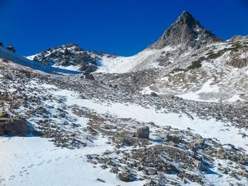 Scenic view of snowcapped mountains against clear blue sky