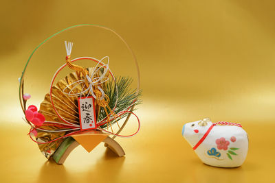 Close-up of christmas decorations on table