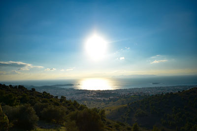 Scenic view of sea against bright sun