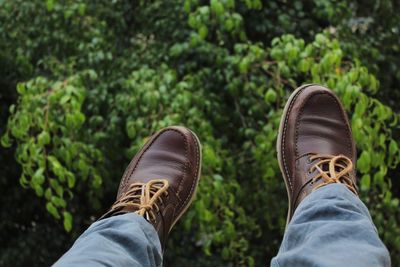 Low section of man wearing shoes by plants