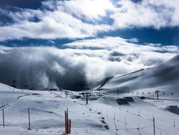 Snow covered mountains against sky