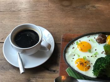 High angle view of breakfast served on table