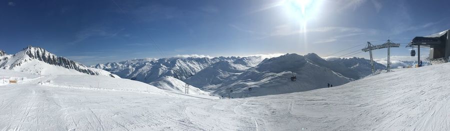 Scenic view of snow covered mountains against sky